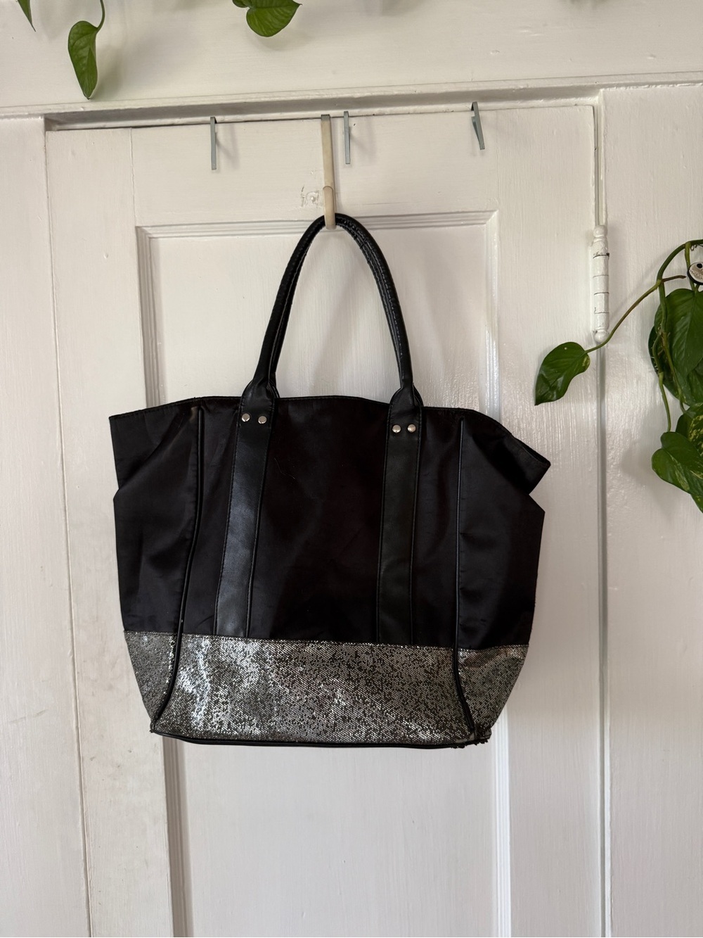 Black Tote Bag with Silver Glitter Accent - Brand Unspecified